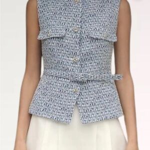 Zara Blue and White Tweed Belted Vest